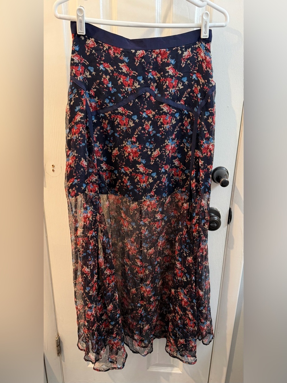Funktional Silk Floral Maxi Dress with Red & Blue Blooms, Sz 4 Women’s